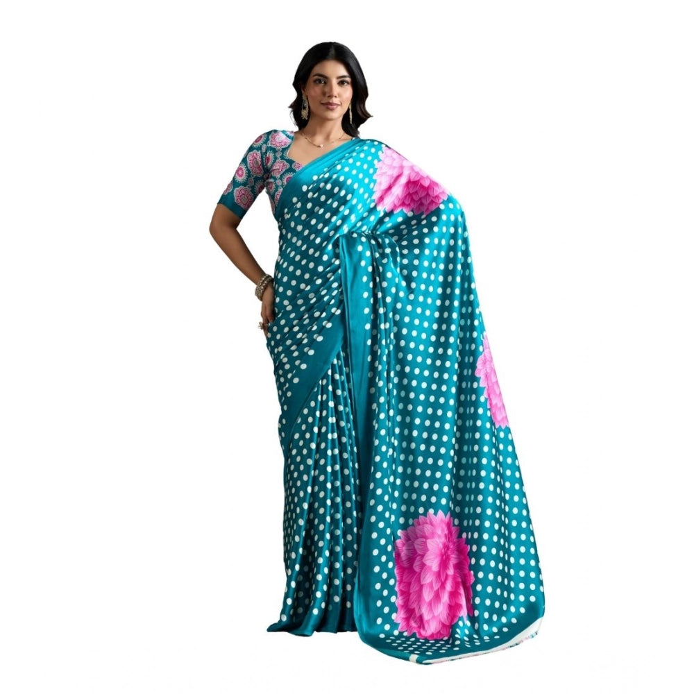 Generic Women's Satin Crepe Printed Saree With Unstitched Blouse 5.5Mtr (Sky Blue)