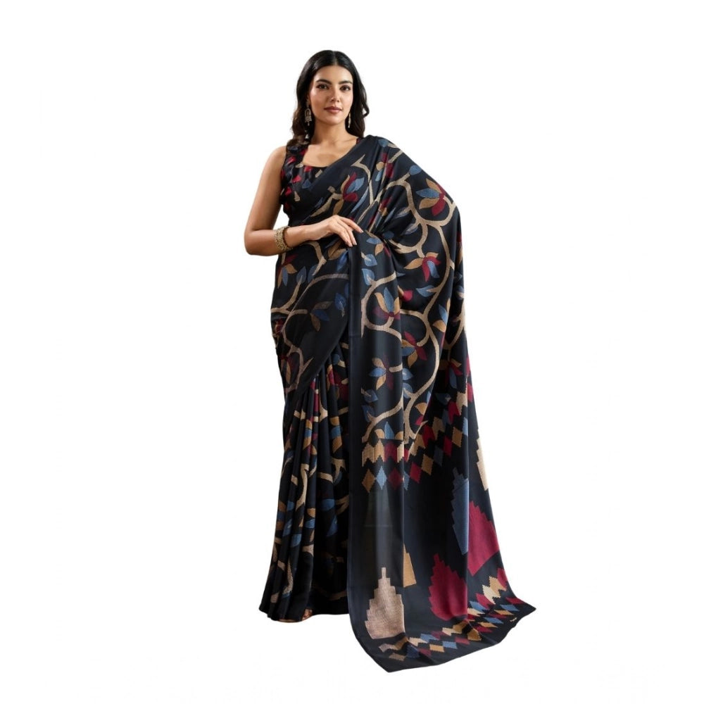 Generic Women's Satin Crepe Printed Saree With Unstitched Blouse 5.5Mtr (Black)