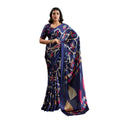 Generic Women's Satin Crepe Printed Saree With Unstitched Blouse 5.5Mtr (Navy Blue)