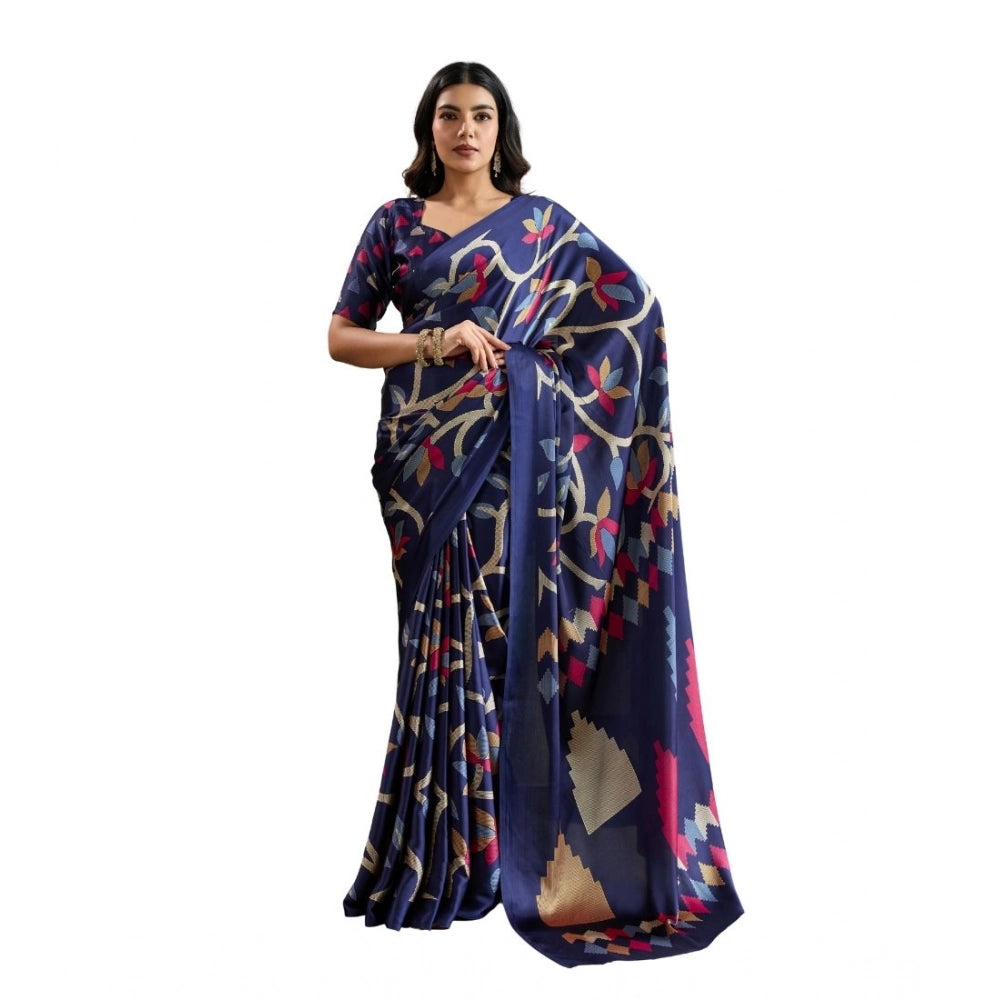 Generic Women's Satin Crepe Printed Saree With Unstitched Blouse 5.5Mtr (Navy Blue)
