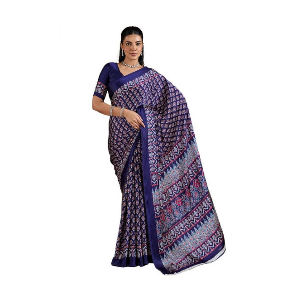 Generic Women's Satin Crepe Printed Saree With Unstitched Blouse 5.5Mtr (Navy Blue)