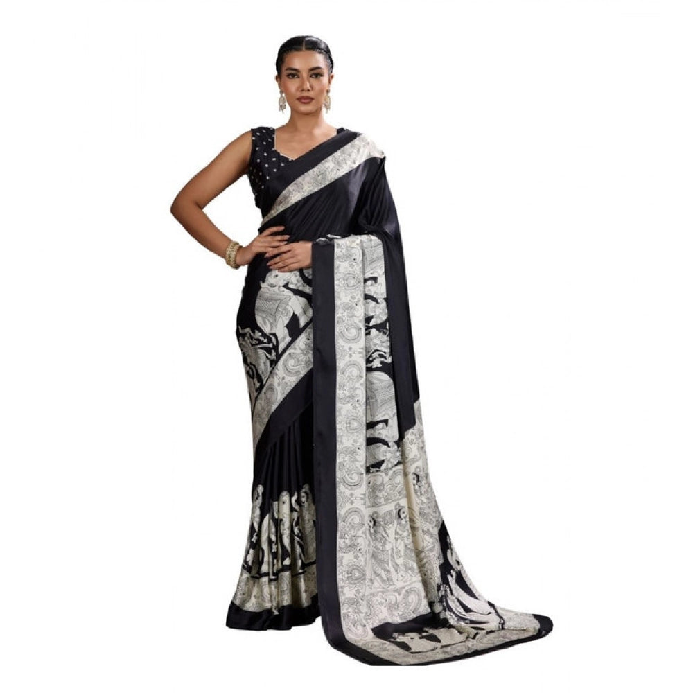 Generic Women's Satin Crepe Printed Saree With Unstitched Blouse 5.5Mtr (Black)