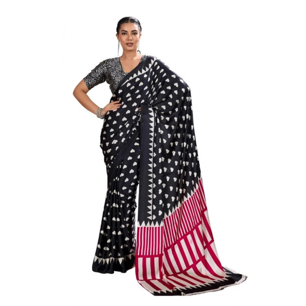 Generic Women's Satin Crepe Printed Saree With Unstitched Blouse 5.5Mtr (Black)
