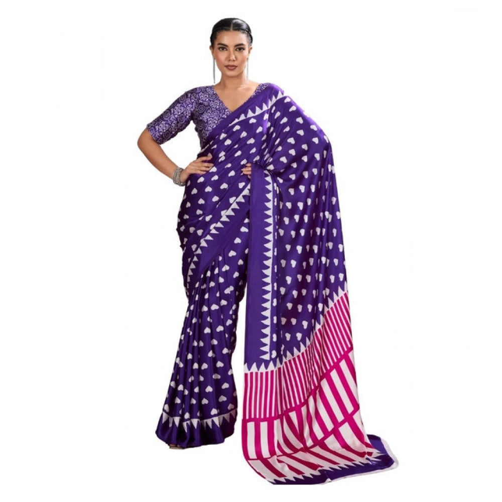 Generic Women's Satin Crepe Printed Saree With Unstitched Blouse 5.5Mtr (Navy Blue)