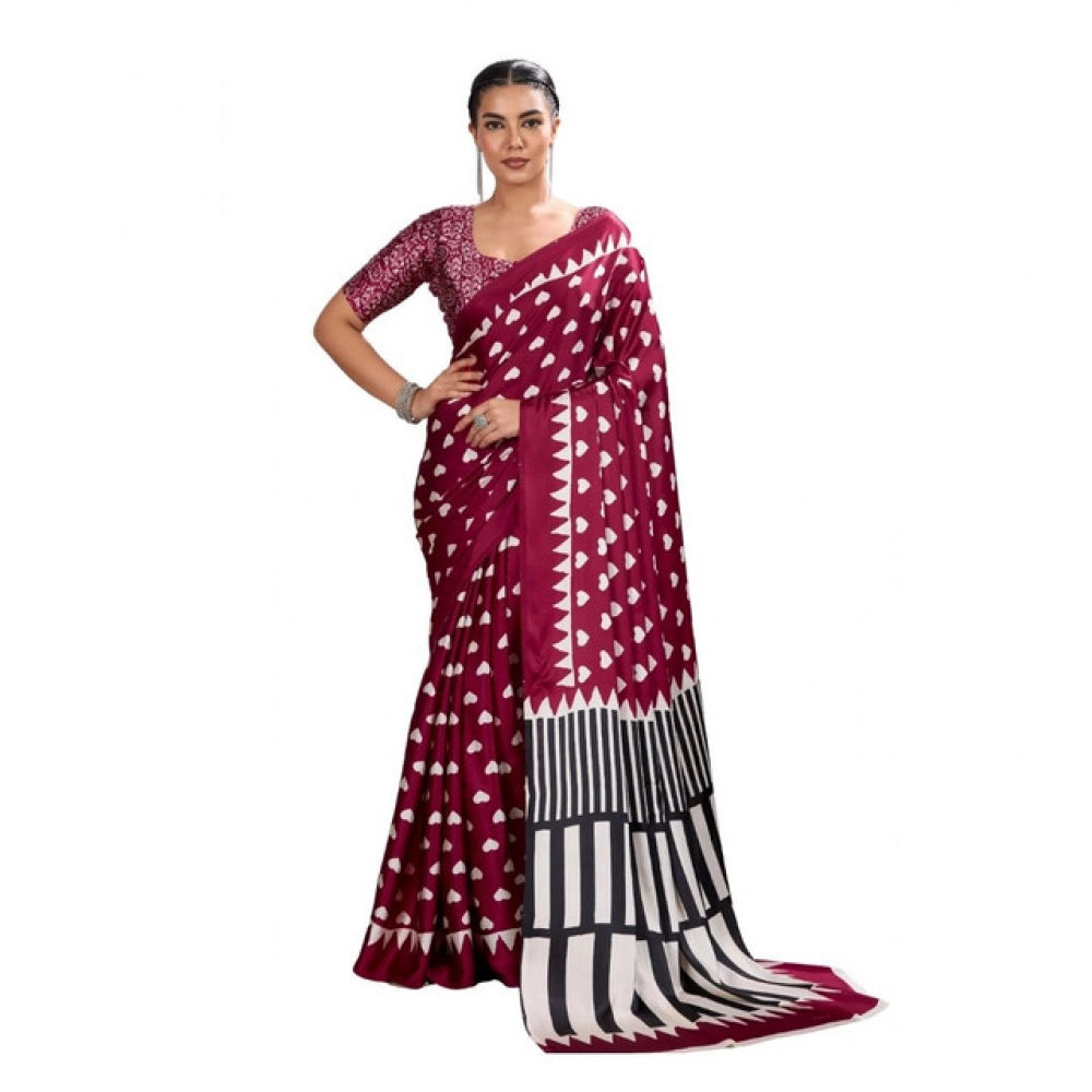 Generic Women's Satin Crepe Printed Saree With Unstitched Blouse 5.5Mtr (Maroon)