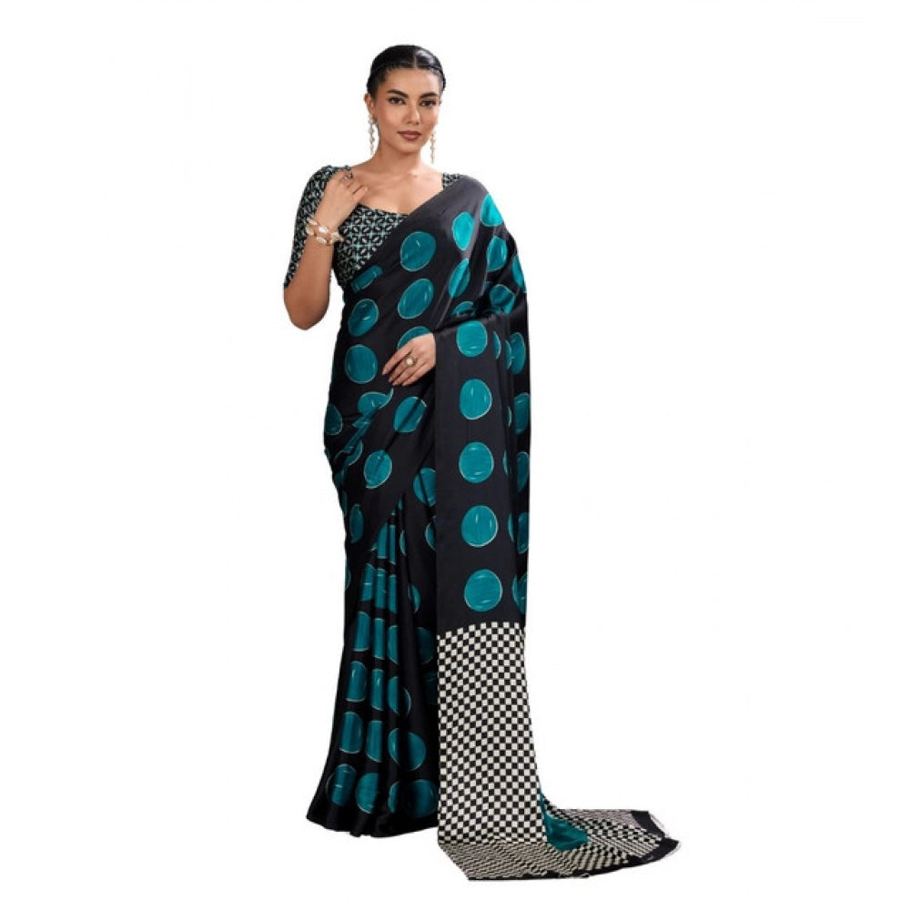 Generic Women's Satin Crepe Printed Saree With Unstitched Blouse 5.5Mtr (Black)