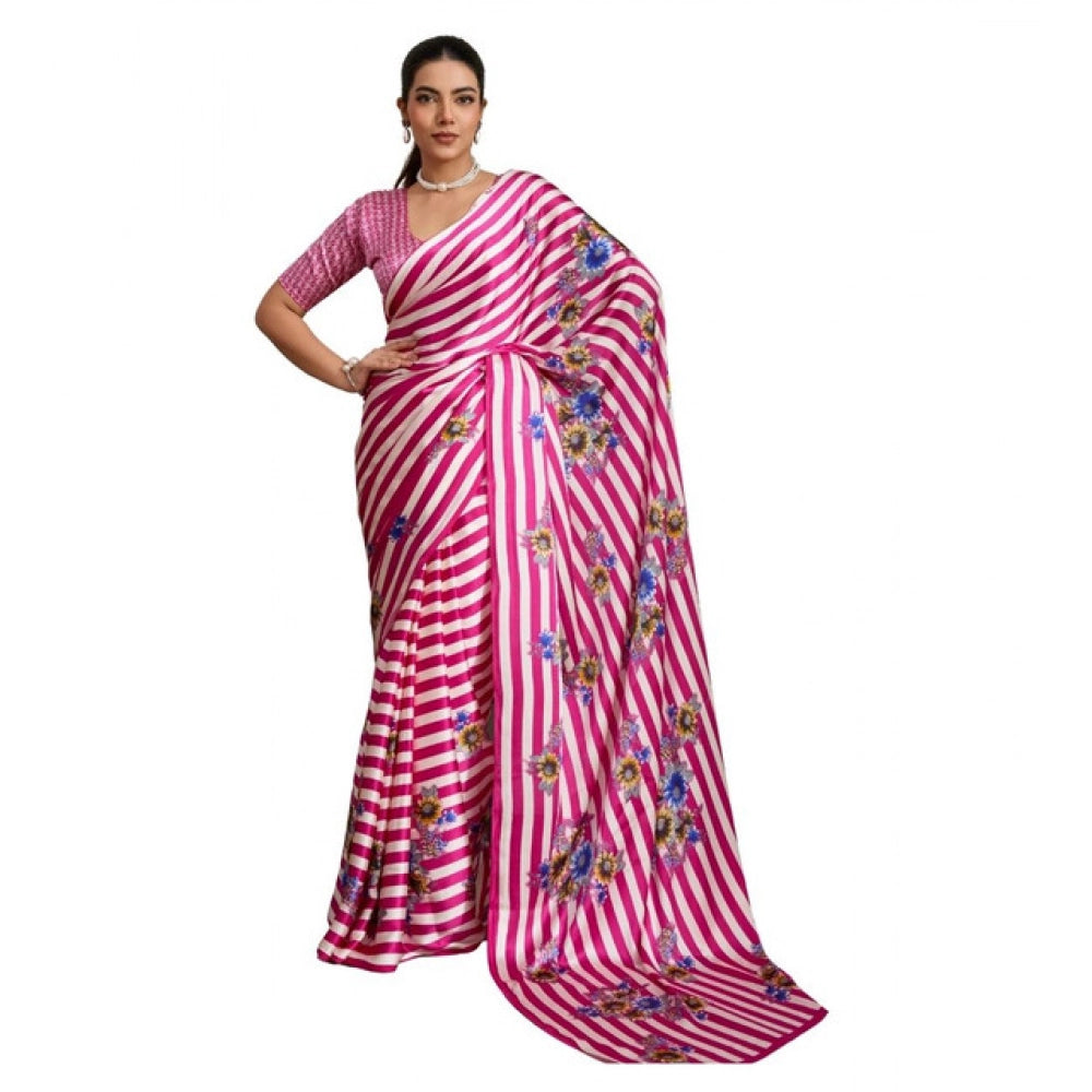 Generic Women's Satin Crepe Printed Saree With Unstitched Blouse 5.5Mtr (Pink)