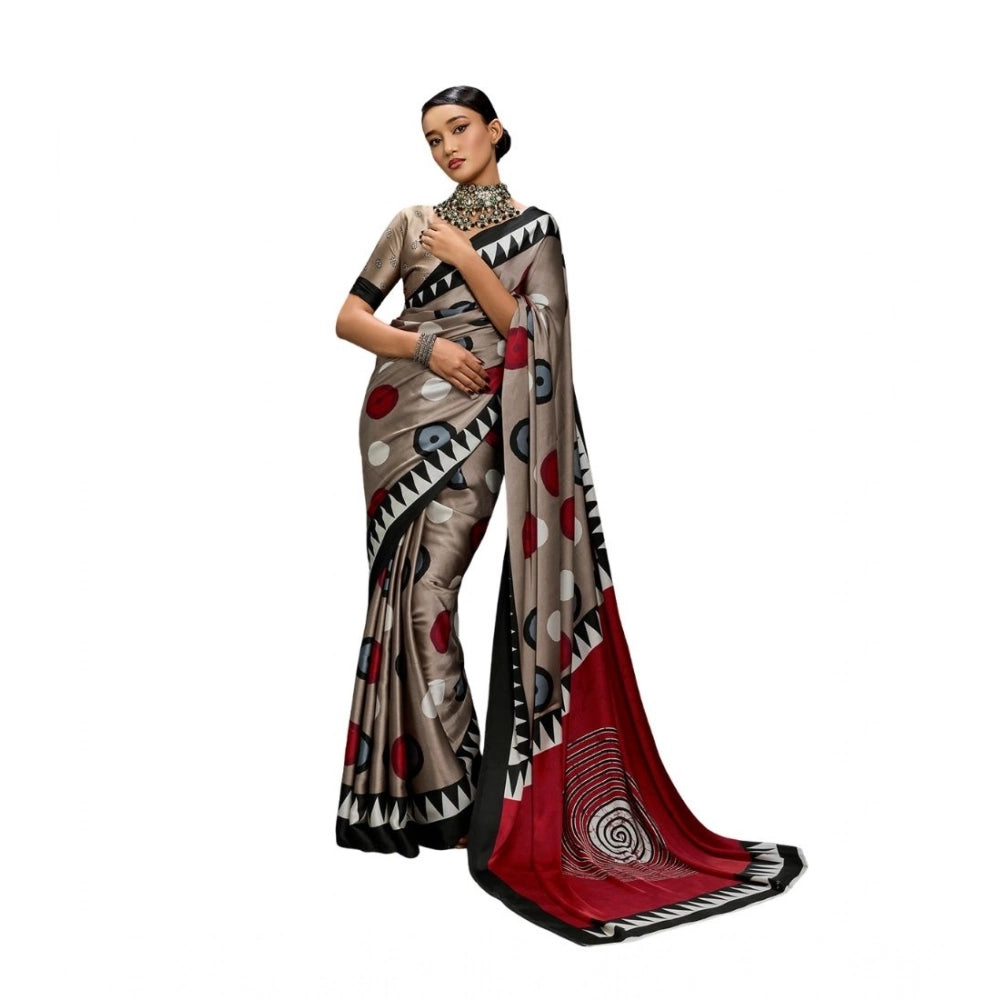 Generic Women's Satin Crepe Printed Saree With Unstitched Blouse 5.5Mtr (Grey)