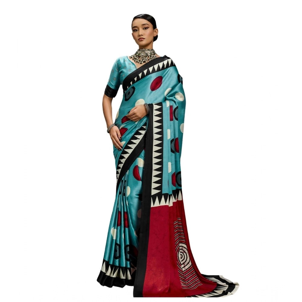 Generic Women's Satin Crepe Printed Saree With Unstitched Blouse 5.5Mtr (Sky Blue)