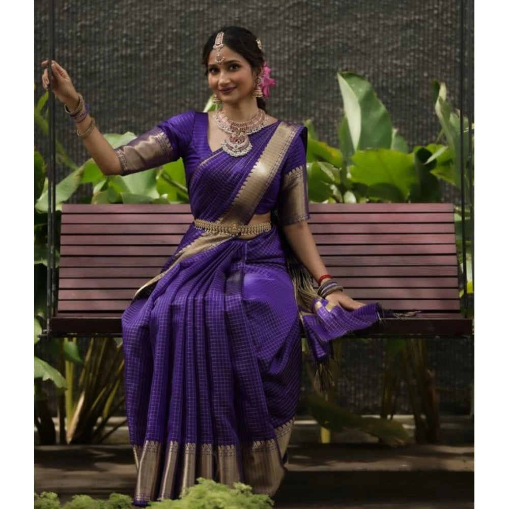 Generic Women's Banarasi Silk Printed Saree With Unstitched Blouse 5.5Mtr (Purple)