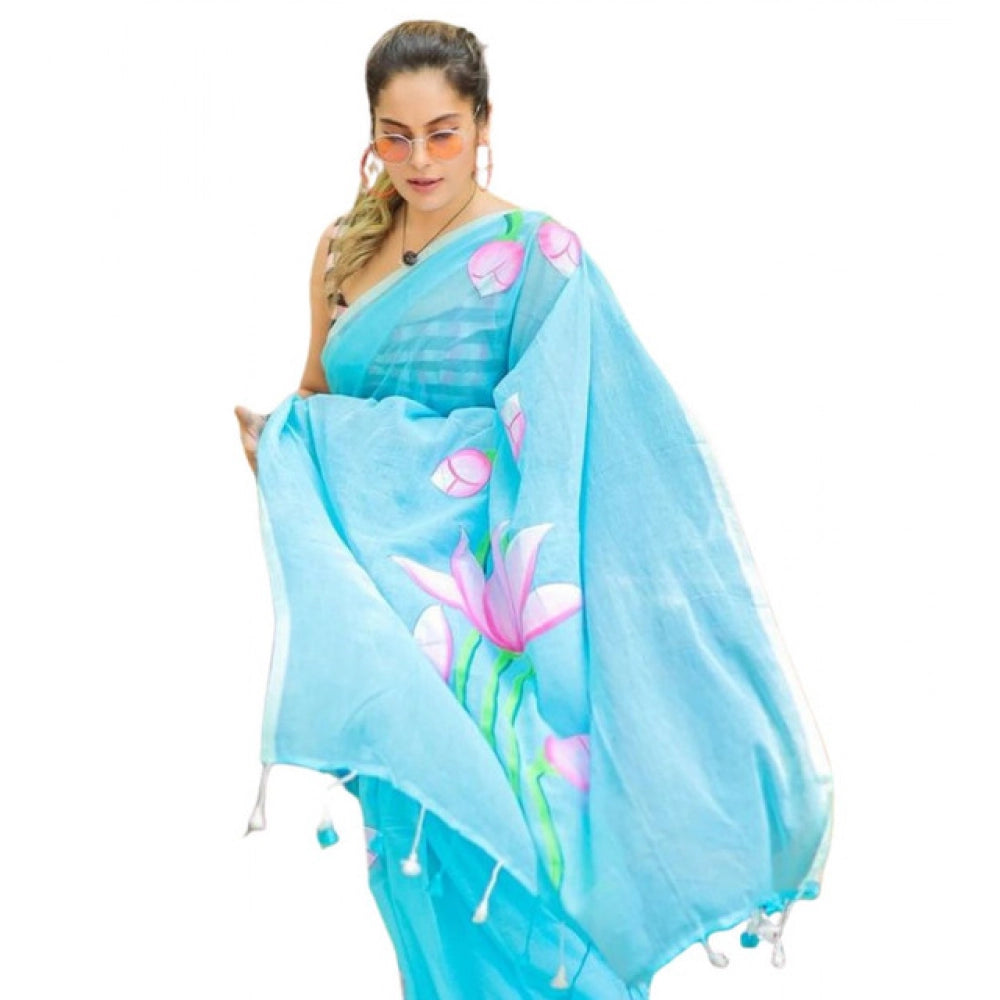 Generic Women's Linen Printed Saree With Unstitched Blouse 5.5Mtr (light Blue)