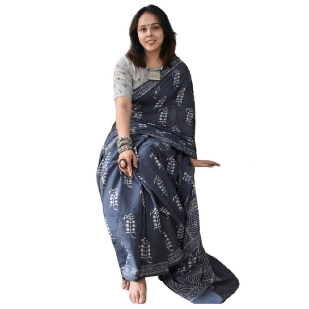 Generic Women's Linen Printed Saree With Unstitched Blouse 5.5Mtr (Grey)
