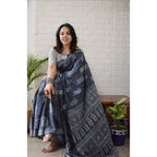 Generic Women's Linen Printed Saree With Unstitched Blouse 5.5Mtr (Grey)