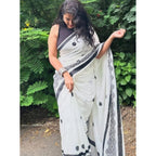 Generic Women's Linen Printed Saree With Unstitched Blouse 5.5Mtr (White)