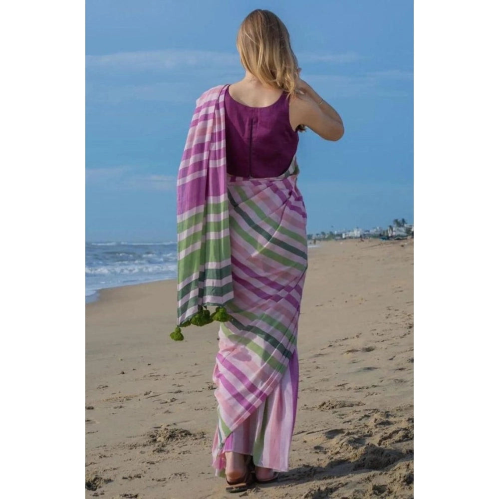 Generic Women's Linen Printed Saree With Unstitched Blouse 5.5Mtr (Pink)