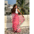 Generic Women's Linen Printed Saree With Unstitched Blouse 5.5Mtr (Pink)