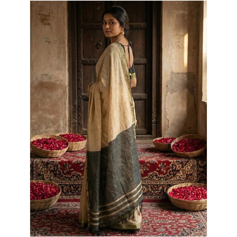 Generic Women's Cotton Printed Saree With Unstitched Blouse 5.5Mtr (Beige)