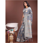 Generic Women's Linen Cotton Printed Saree With Unstitched Blouse 5.5Mtr (Grey)