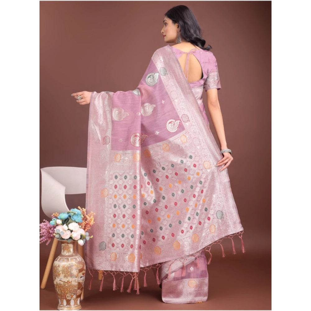 Generic Women's Linen Cotton Printed Saree With Unstitched Blouse 5.5Mtr (Purple)