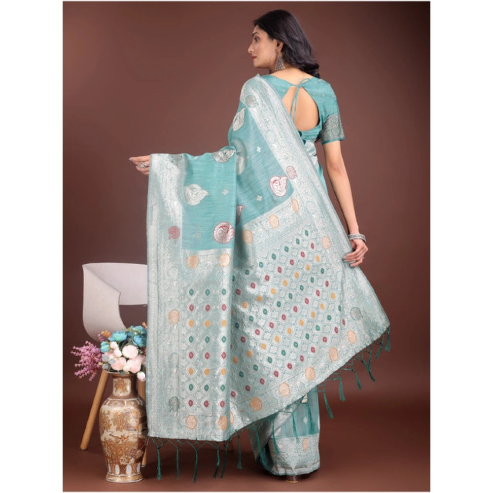 Generic Women's Linen Cotton Printed Saree With Unstitched Blouse 5.5Mtr (Sea Green)