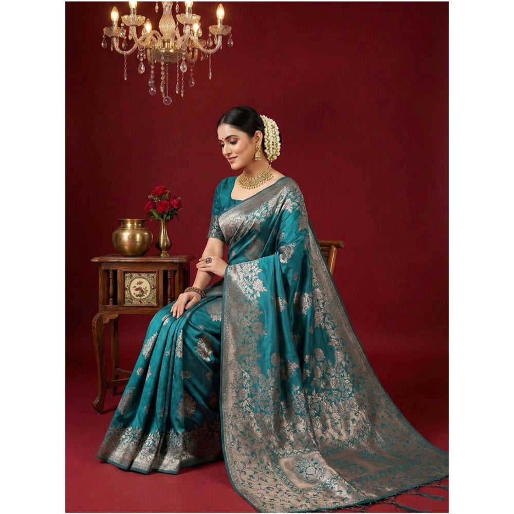 Generic Women's Silk Blend Printed Saree With Unstitched Blouse 5.5Mtr (Sea Green)