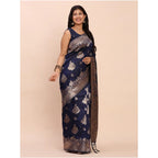 Generic Women's Banarasi Silk Printed Saree With Unstitched Blouse 5.5Mtr (Navy Blue)