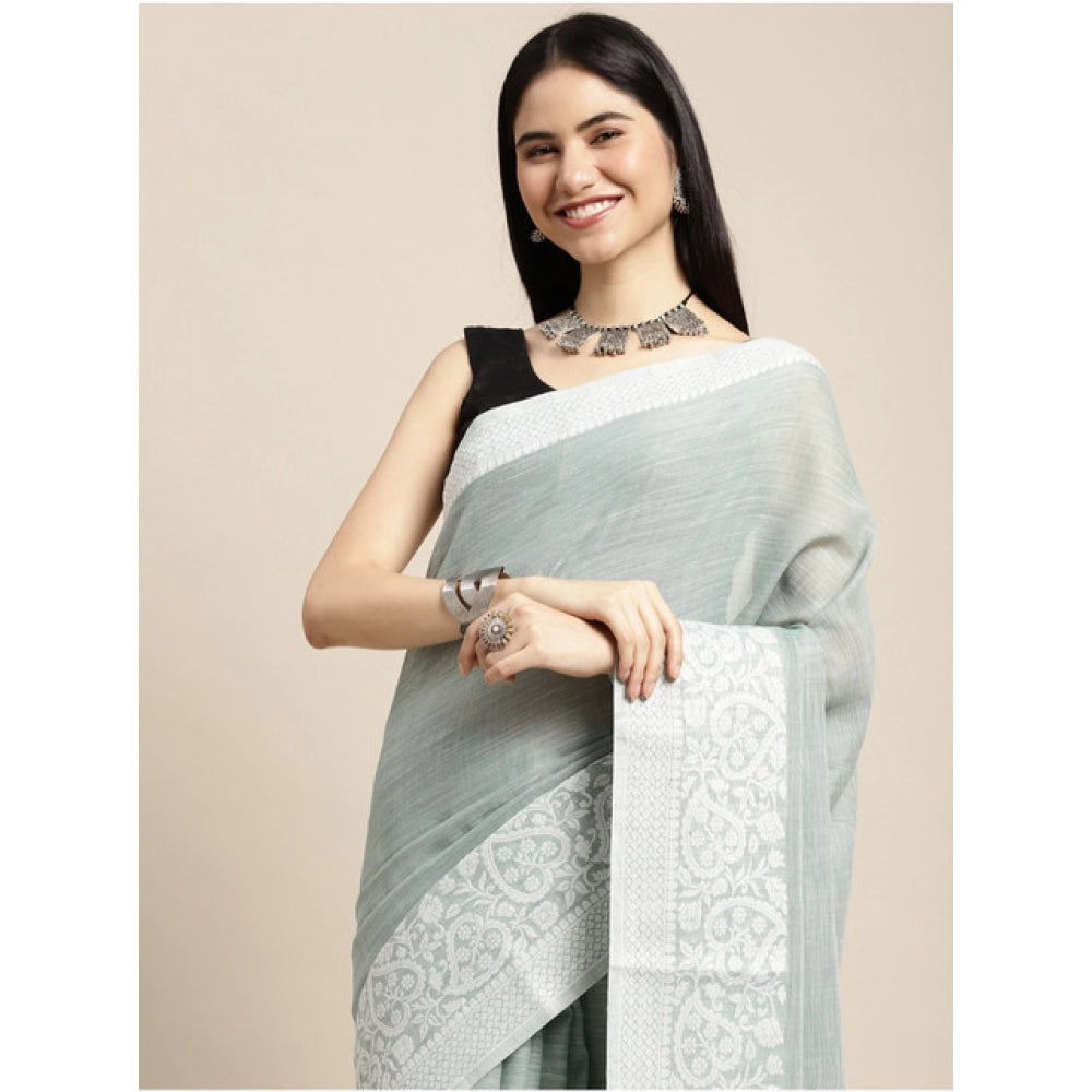 Generic Women's Linen Printed Saree With Unstitched Blouse 5.5Mtr (Sea Green)