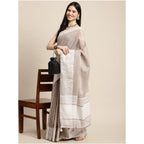 Generic Women's Linen Printed Saree With Unstitched Blouse 5.5Mtr (Beige)