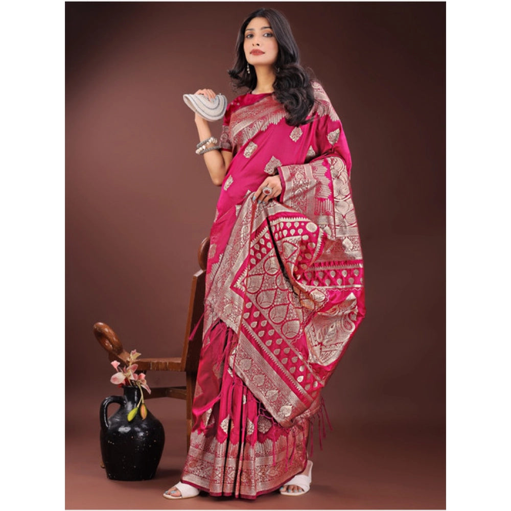 Generic Women's Silk Printed Saree With Unstitched Blouse 5.5Mtr (Magenta)