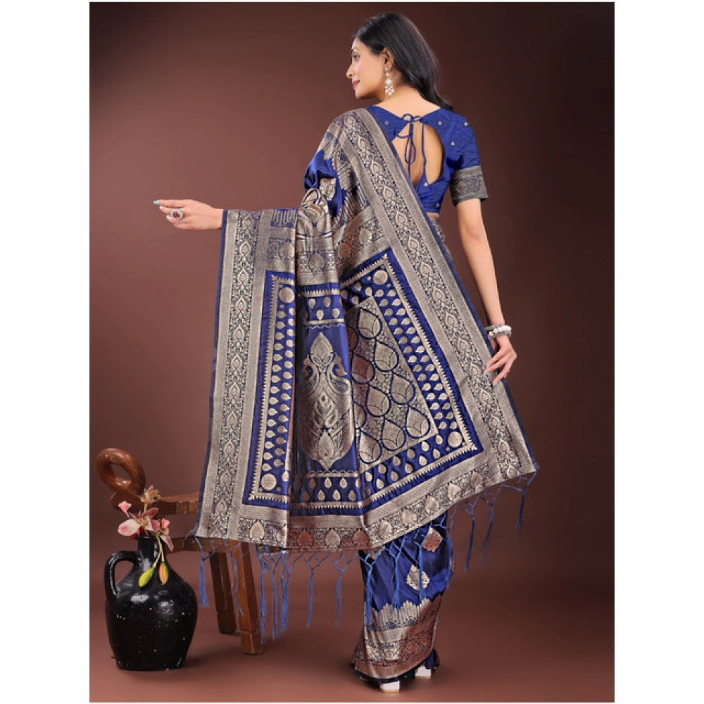 Generic Women's Silk Printed Saree With Unstitched Blouse 5.5Mtr (Navy Blue)