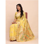 Generic Women's Linen Cotton Printed Saree With Unstitched Blouse 5.5Mtr (Yellow)