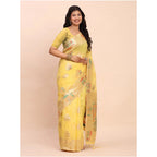 Generic Women's Linen Cotton Printed Saree With Unstitched Blouse 5.5Mtr (Yellow)