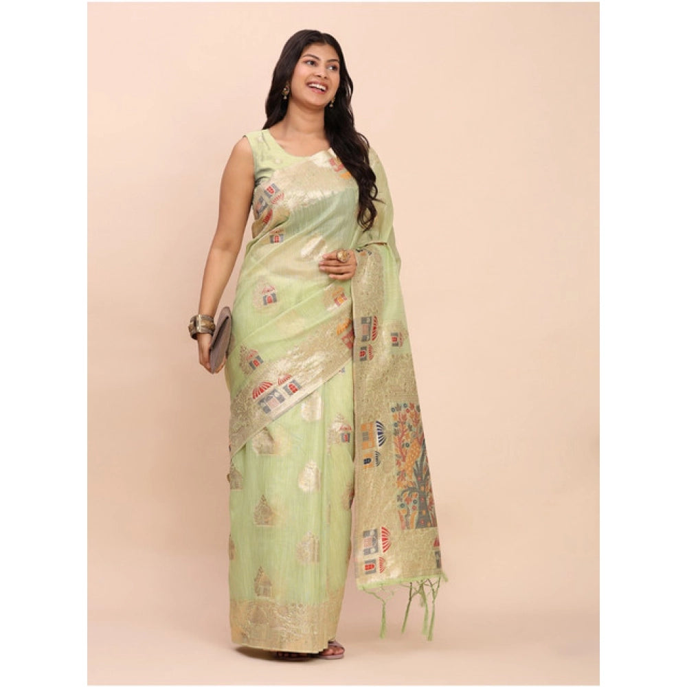 Generic Women's Linen Cotton Printed Saree With Unstitched Blouse 5.5Mtr (Light Green)