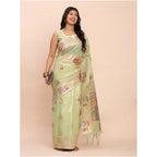 Generic Women's Linen Cotton Printed Saree With Unstitched Blouse 5.5Mtr (Light Green)