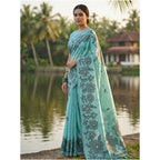 Generic Women's Linen Cotton Printed Saree With Unstitched Blouse 5.5Mtr (Sea Green)