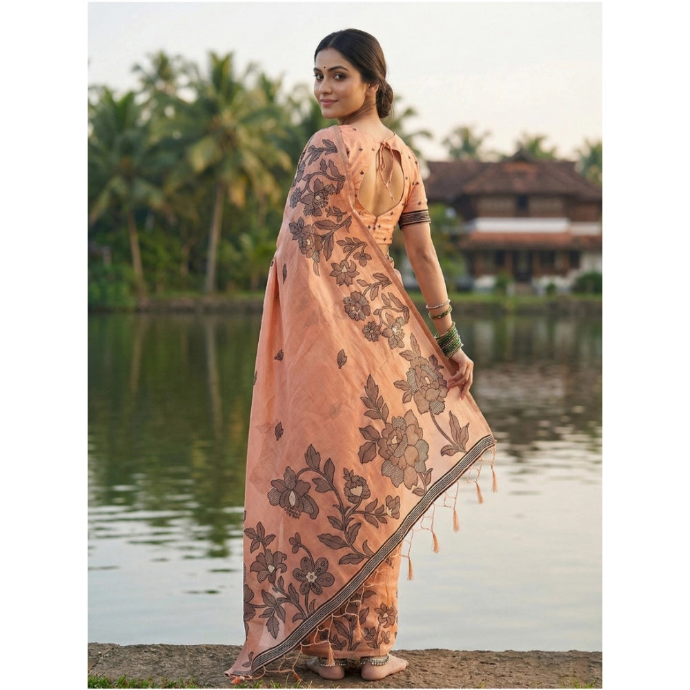 Generic Women's Linen Cotton Printed Saree With Unstitched Blouse 5.5Mtr (Orange)