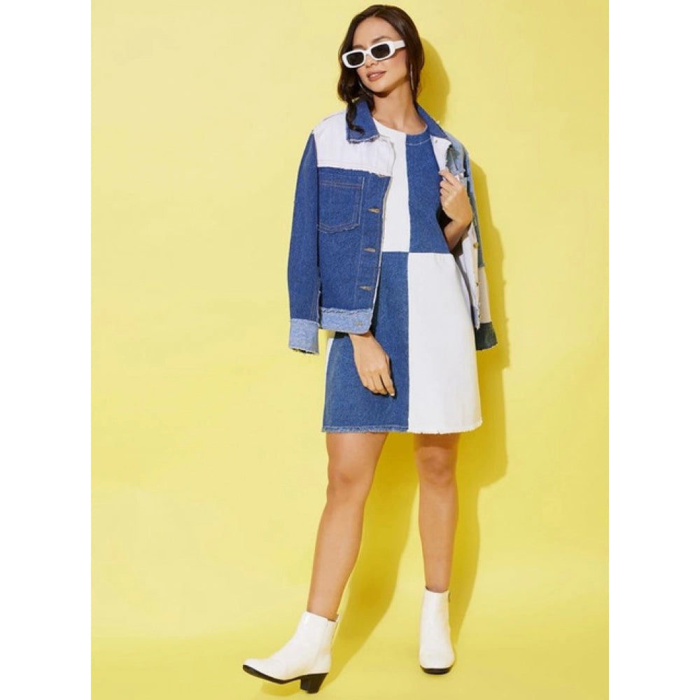 Generic Women's Denim Color Blocking Sleeveless Dress (Blue)