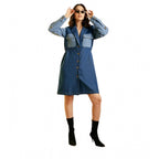 Generic Women's Denim Color Blocking Roll Up Dress (Blue)