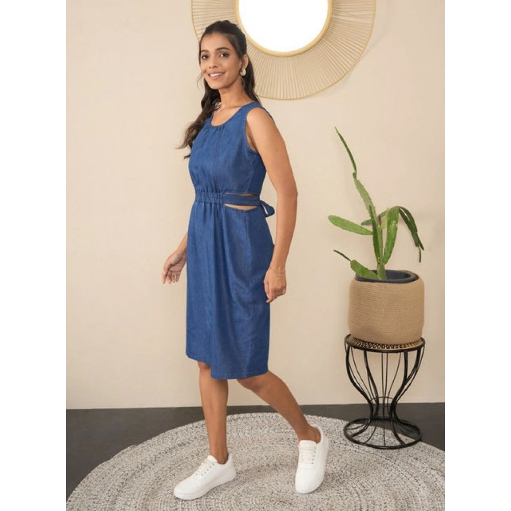Generic Women's Denim Solid Sleeveless Dress (Blue)