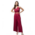 Generic Women's Cotton Linen Solid Sleeveless Crop Top and Palazzo Set (Maroon)