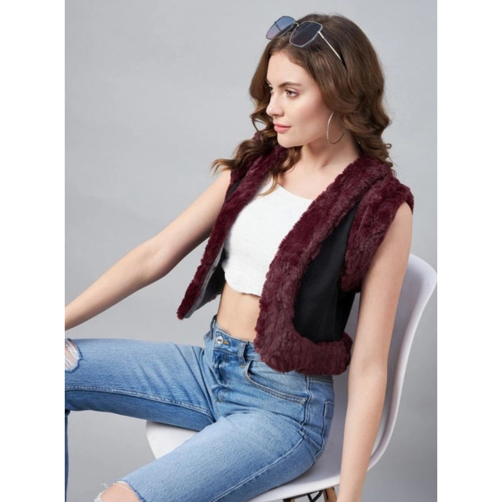 Generic Women's Denim And Fur Solid Sleeveless Shrug (Black - Maroon)
