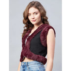 Generic Women's Denim And Fur Solid Sleeveless Shrug (Black - Maroon)