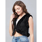 Generic Women's Denim And Fur Solid Sleeveless Shrug (Black)