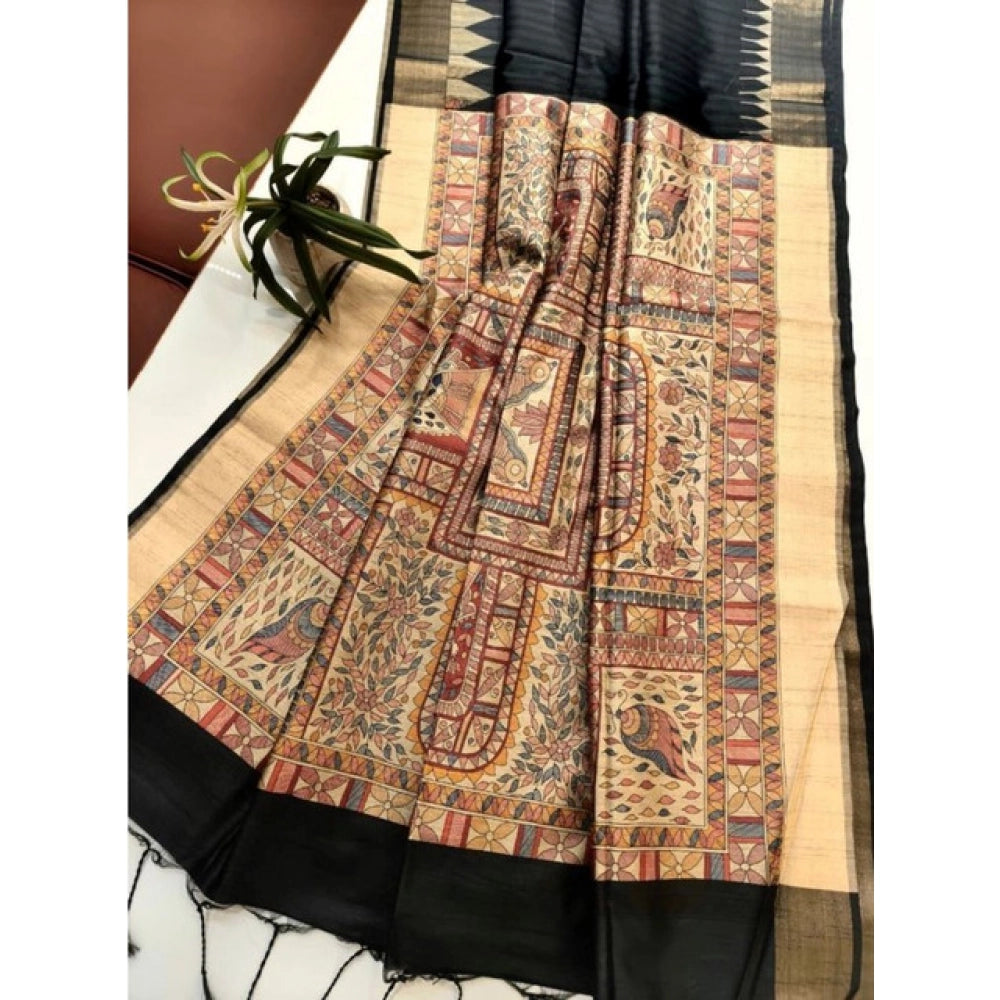 Generic Women's Tussar Silk Madhubani Saree With Unstitched Blouse 5.5Mtr (Black)