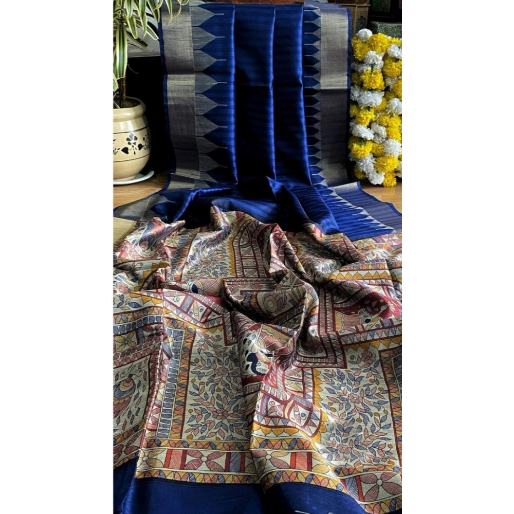 Generic Women's Tussar Silk Madhubani Saree With Unstitched Blouse 5.5Mtr (Blue)