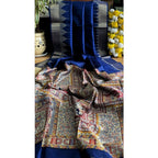 Generic Women's Tussar Silk Madhubani Saree With Unstitched Blouse 5.5Mtr (Blue)