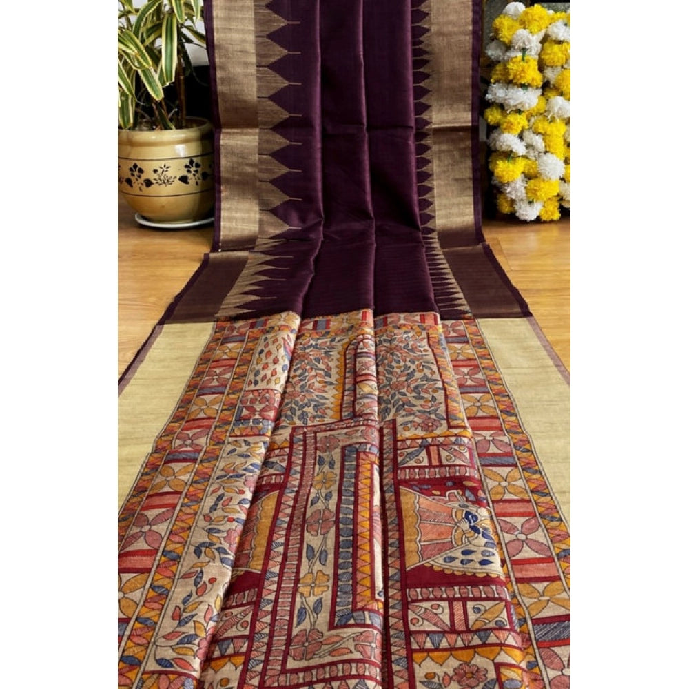 Generic Women's Tussar Silk Madhubani Saree With Unstitched Blouse 5.5Mtr (Coffee)