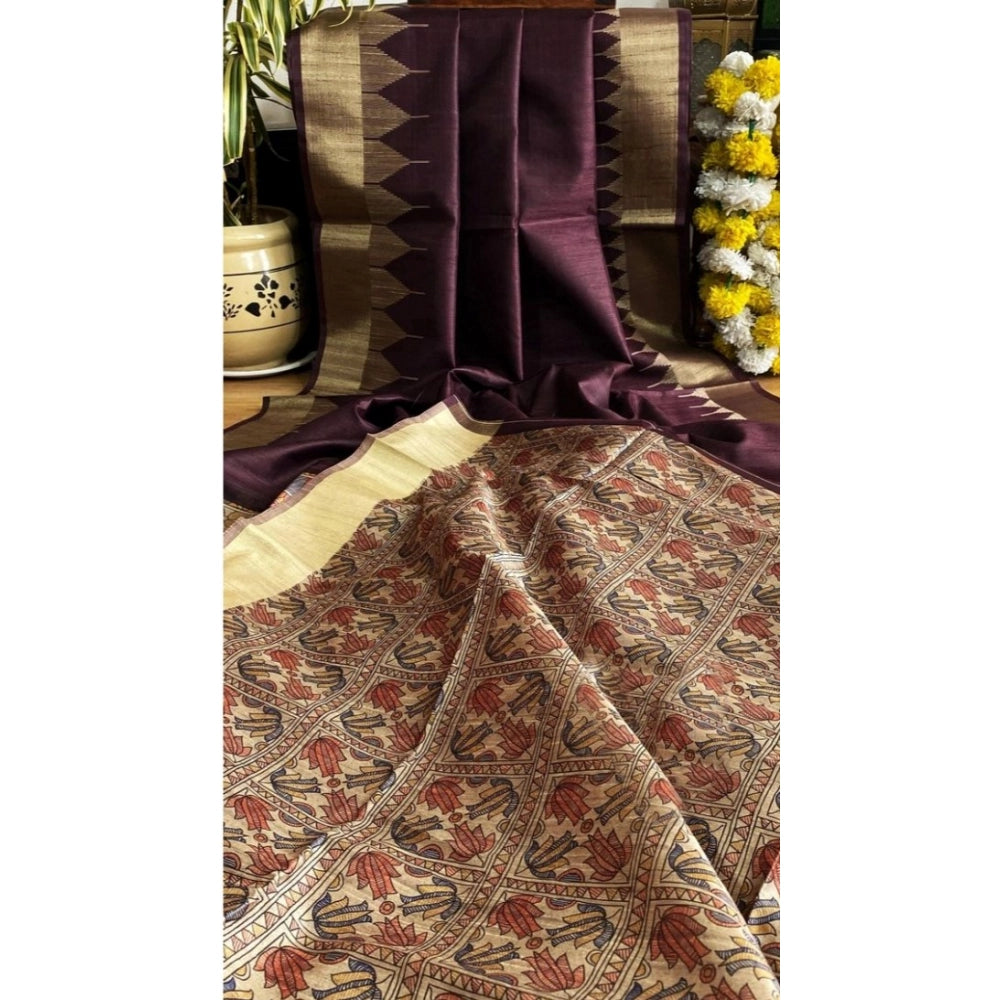 Generic Women's Tussar Silk Madhubani Saree With Unstitched Blouse 5.5Mtr (Coffee)