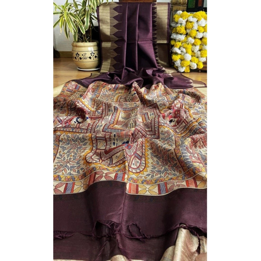 Generic Women's Tussar Silk Madhubani Saree With Unstitched Blouse 5.5Mtr (Coffee)