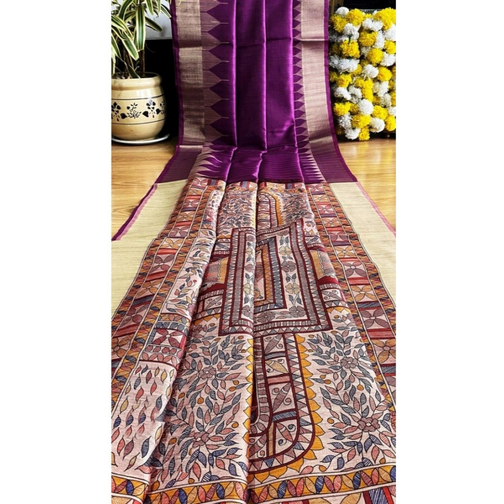 Generic Women's Tussar Silk Madhubani Saree With Unstitched Blouse 5.5Mtr (Purple)